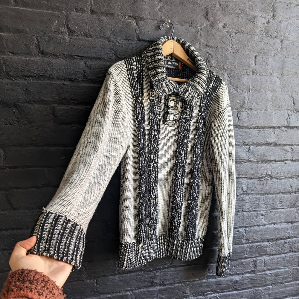 Vintage Wool Chic Cable Knit Black Grey Monotone Chunky Turtleneck Sweater - Picture 5 of 5